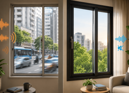 Comparação entre uma janela comum e uma janela anti ruído em ambientes residenciais, mostrando o contraste entre o trânsito intenso do lado externo e um ambiente interno silencioso e confortável.