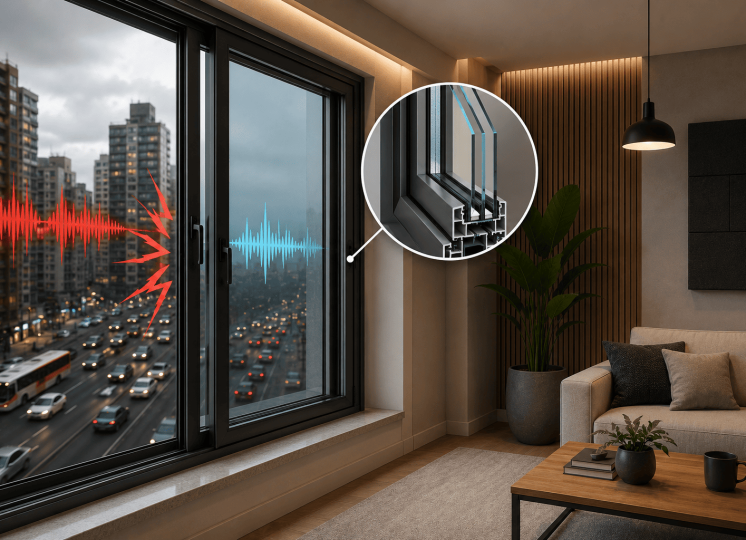 Janela anti ruído instalada em apartamento urbano, demonstrando a redução dos sons externos e o isolamento acústico proporcionado por vidros especiais e vedação reforçada.