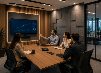 Sala de reunião corporativa com tratamento acústico, painéis absorvedores de som e equipe em reunião estratégica para melhorar a comunicação e a produtividade.